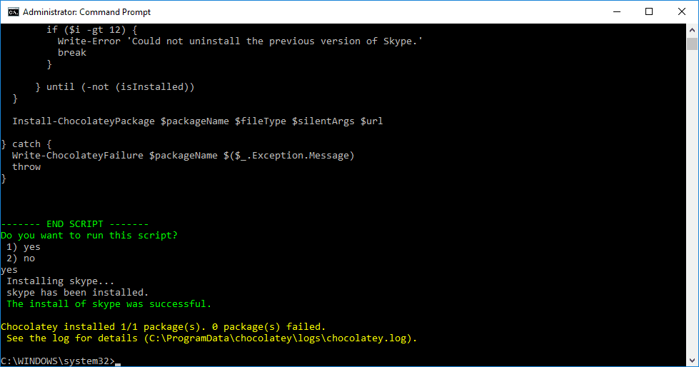 Chocolatey - The install of skype was successful